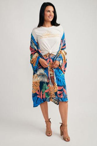 girl in a tropical kimono with heels
