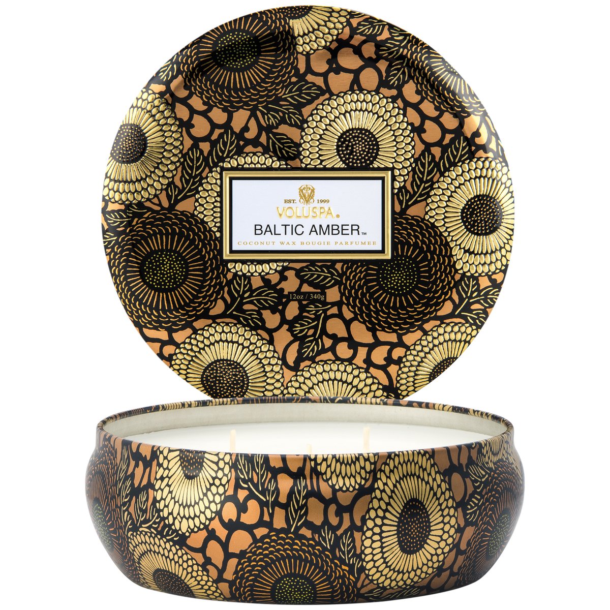 Notes of Amber Resin, Sandalwood, Vanilla Orchid. Rich jewel tones adorn this beautifully patterned metallic option, with fragrance wafting from each of its three wicks.