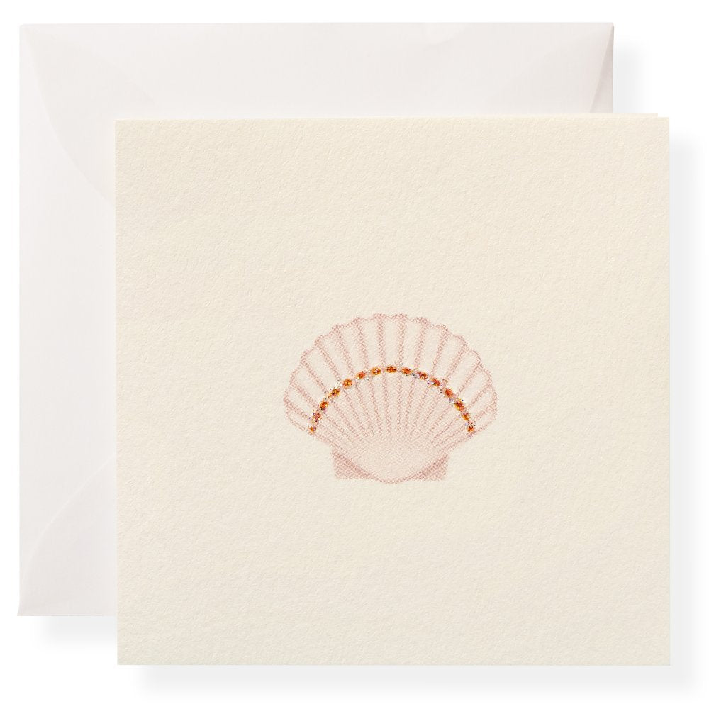 Handcrafted artwork, full-color ink printed on natural white paper, hand-glittered, and paired with a vellum envelope. Book-folded enclosure card, blank on the inside.