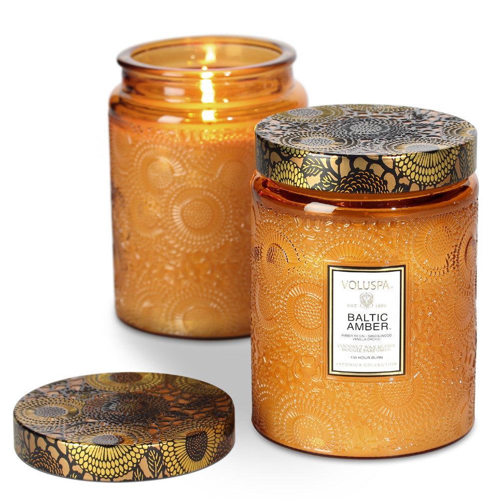 LIMITED EDITION BALTIC AMBER LARGE EMBOSSED GLASS JAR CANDLE, Gifts - Voluspa - springwatermassagetherapy