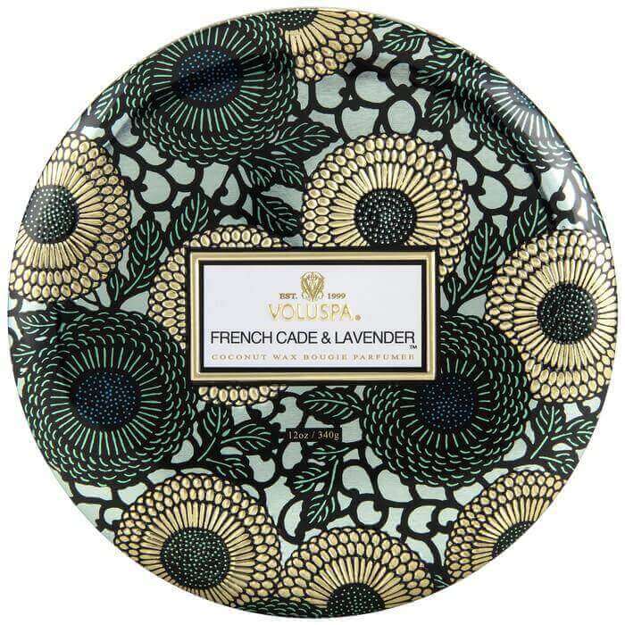 Notes of French Cade Wood, Verbena, Bulgarian Lavender. Rich jewel tones adorn this beautifully patterned metallic option, with fragrance wafting from each of its three wicks. 