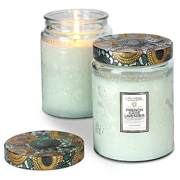 LIMITED EDITION FRENCH CADE AND LAVENDER LARGE EMBOSSED GLASS JAR CANDLE, Gifts - Voluspa - springwatermassagetherapy